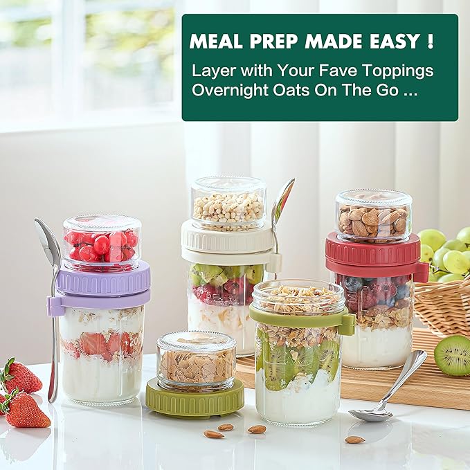Danmu 4 Pack Overnight Oats Containers with Lids 16 oz,Dual-Layer Yogurt Parfait Cups with Lids,Meal Prep Containers Glass for Snack,Overnight Oats,Yogurt,Parfait,Salad Dishwasher Safe