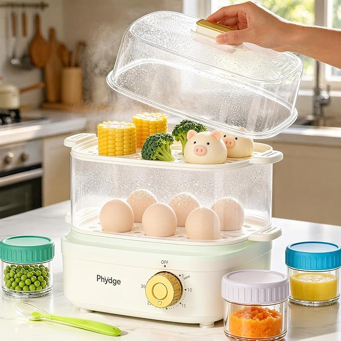 Electric Food Steamer for Cooking, 2-Tier Rapid Egg Cooker, Stackable Steam Cooker for Baby Food, Meal Prep, Quick Healthy Cooking for Vegetables, BPA-Free, 30-Min Timer, 3 Containers&1 Spoon Included