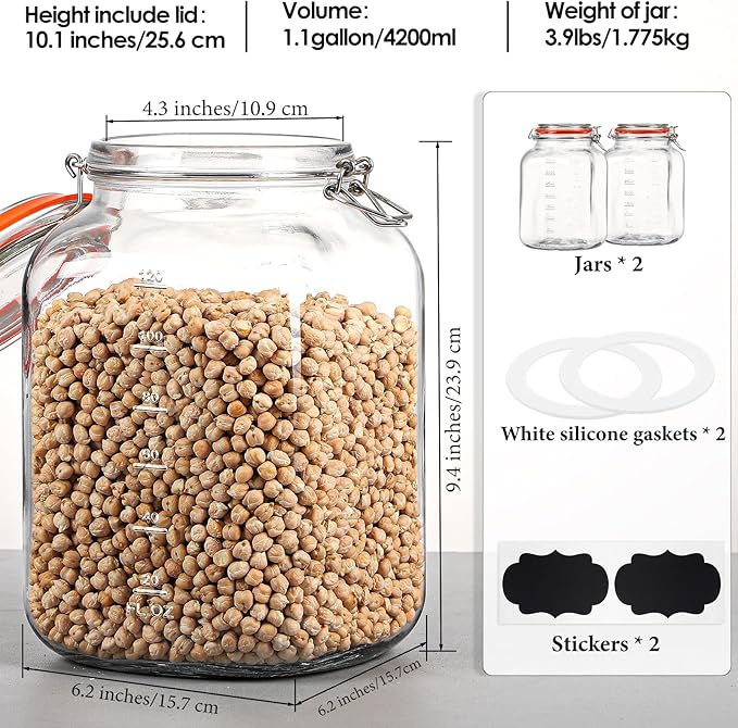 [UPGRADE] 2 Pack Square Super Wide Mouth Airtight Glass Storage Jars with Lids, 1.1 Gallon Glass Container with 2 Measurement Marks, Canning Jars with Leak-proof Lid for Kitchen (Spare Gasket)