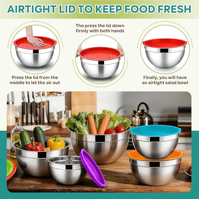 E-far Mixing Bowls With Lids Sets of 5, 10-Piece Stainless Steel Salad Metal Nesting Bowl for Baking Cooking and Prepping, Airtight Lid & Stackable Design, Size 4.6, 3, 2.1, 1.5, 0.7 QT, Colorful