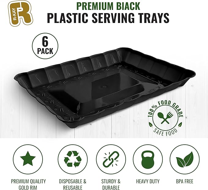 6 Pack Black Plastic Serving Trays - 9 x 13 Party Serving Trays and Platters - Black Serving Tray - Serving Platter Tray for Party