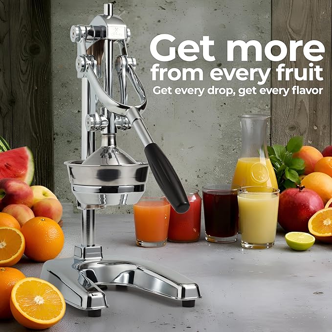 Zulay Kitchen Professional Citrus Juicer - Chrome Finish Manual Citrus Press and Orange Squeezer - Metal Lemon Squeezer - Extra Tall Heavy Duty Manual Orange Juicer and Lime Squeezer Press Stand