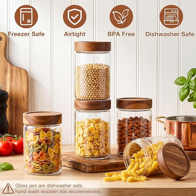 CONNOO 28oz Glass Storage Jars with Wood Lids (6-Pack) – Includes 120 Pre-Printed Waterproof White Kitchen Labels – Airtight Pantry Containers for Rolled Oats, Pasta & Cereals