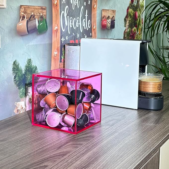 Coffee Capsule Storage Box Coffee Pod Holder Organizers Accessories Anti Dust Durable Clear Acrylic Box for House and Office Use, Pink, 5x5 In