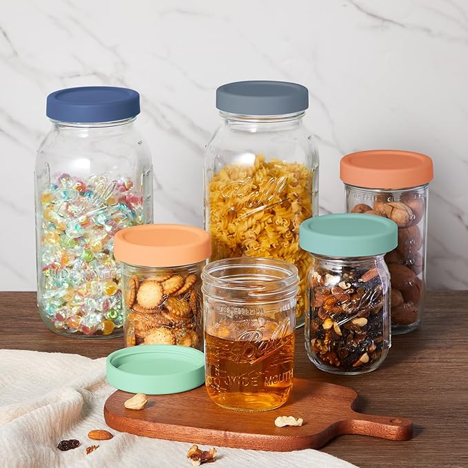 Teenyyou 6 Pcs Silicone Wide Mouth Lids Mason Jar Lids Thickened Leak Proof Lid for 86 mm All Wide Mouth Mason Jars, Reusable Large Canning Jar Caps(Vintage Color)