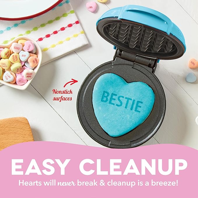 Dash & Sweethearts® Mini Waffle Maker- Mini Machine for Creative Homemade Treats - Nonstick Iron with Unique Print Design - Stylish Waffle Machine - Bestie Blue