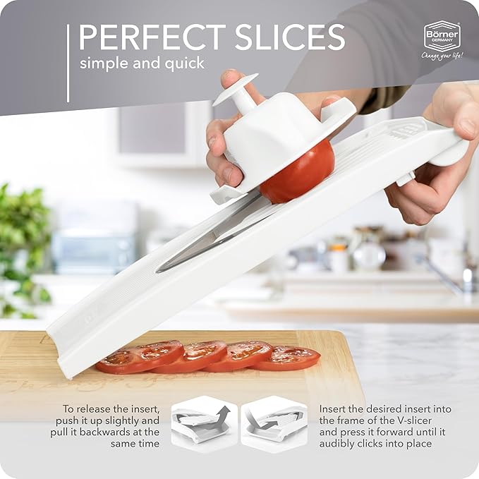Börner by Reston Lloyd Mandoline Slicer V1 (Starter Set) • V-Slicer with 5 Thickness Settings & Food Holder • Adjustable Kitchen Slicer for Vegetables & Fruits • Color: White