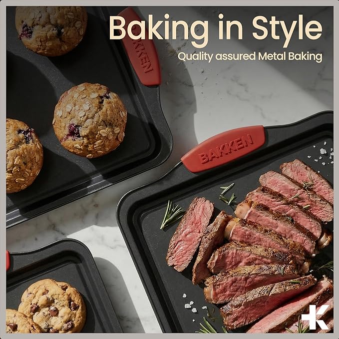 BAKKENMASTER Baking Set – 6 Piece Kitchen Oven Bakeware Set – Deluxe Non-Stick Black Coating Inside and Outside – Carbon Steel – Red Silicone Handles – PFOA PFOS and PTFE Free by Bakken