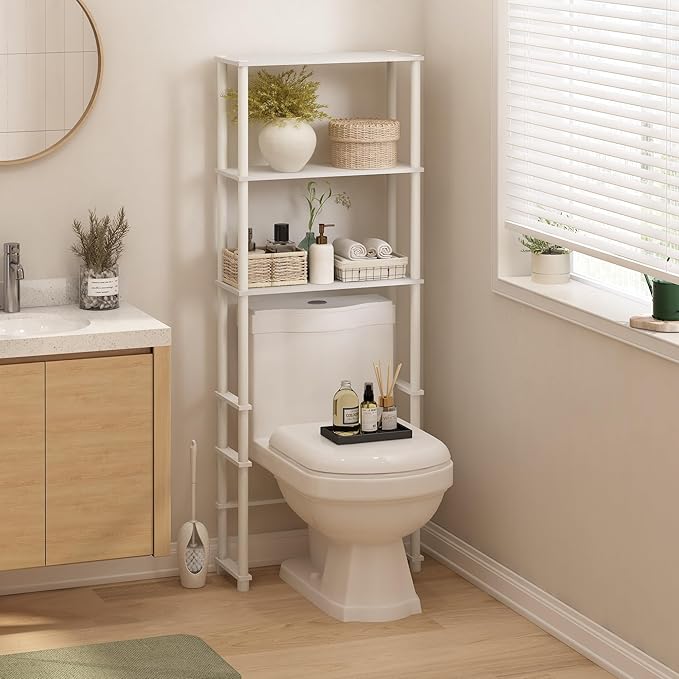 Furinno Turn-N-Tube Over The Toilet Storage, 3-Shelf Over The Toilet Organizer, Freestanding Space Saver Bathroom Shelf, for Bathroom Organizers and Storage, White
