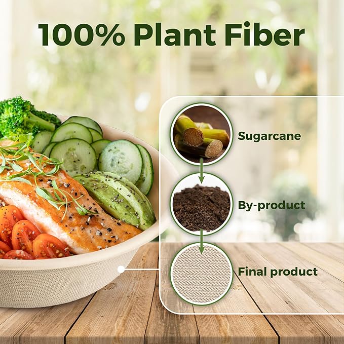 [50 COUNT]Harvest Pack PFAS FREE 32oz Round Paper Bowls, Compostable Heavy-Duty Eco-Friendly Disposable Bagasse Large Soup Bowls, sugarcane made for Meal Prep Takeout Dinnerware, Microwave Safe