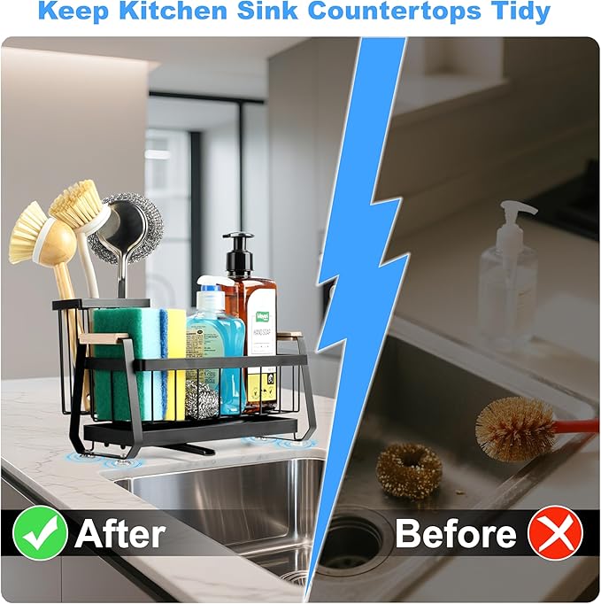 Sponge Holder for Kitchen Sink Organizer, Stainless Steel Sink Caddy Suction Cup with Dish Brush Holder, Rustproof Drying Rack, Sponge Caddy and Dish Soap Organizer for Kitchen Countertop