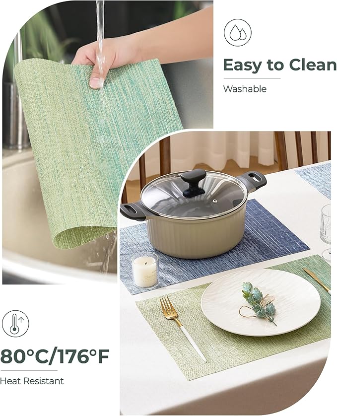 Leetaltree Gradient Green Woven Placemats Set of 4 - Heat Resistant Non-Slip Place mats for Dining Table, Washable Durable PVC Vinyl Woven Table Mats(Gradient Green, 4)