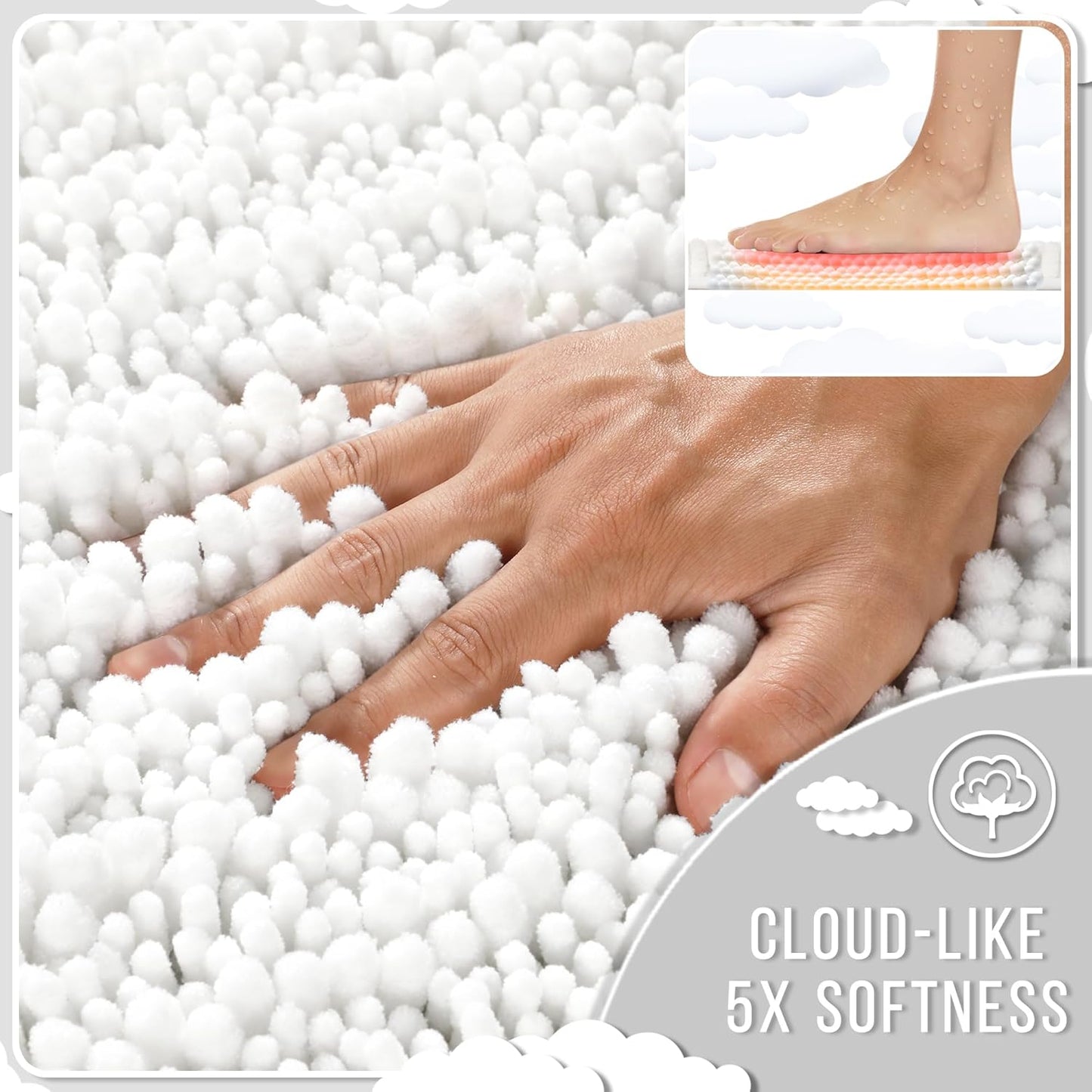 Yimobra Bathroom Runner Rug 60x24 Inch - Extra Long Non Slip Chenille Bath Mat, Soft & Absorbent, Machine Washable Shaggy Hallway Carpet for Vanity Tub Shower, White Home Decor Accessories
