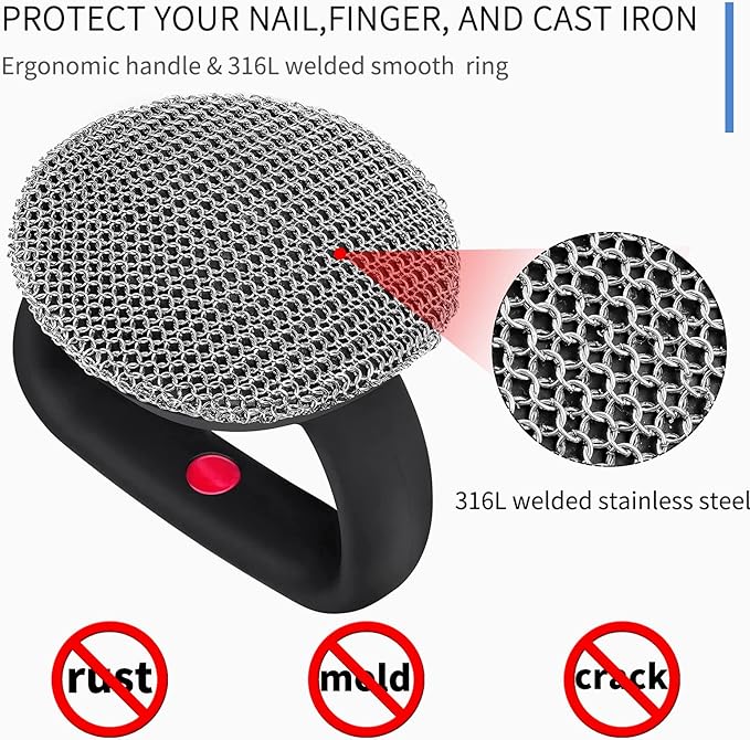 Cast Iron Cleaner Scrubber+Tray with Handle, Welded Chainmail Scrubber for Pan Pot Oven Wok Cleaning- Small Ring Chain Scrub Metal Brush Iron Skillet Steel Wool Scrubber Steel Sponge
