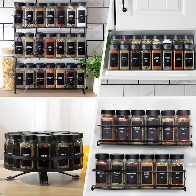 24Pcs Spice Jars Containers with Labels，4oz Black Seasoning Bottles with Shaker Lids for Rack, Cabinet, Drawer,Empty Square Condiment Pots (24, Black)
