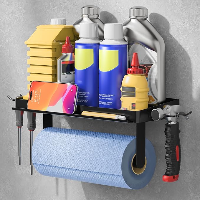 ZUNTO 3-in-1 Wall Mount Garage Paper Towel Holder with Shelf, Organize Shelf & Pen Holder(or Phone Storage) & Hanging Hooks - Heavy Duty Stainless Steel Organizer for Kitchen, Workshop, Laundry Room