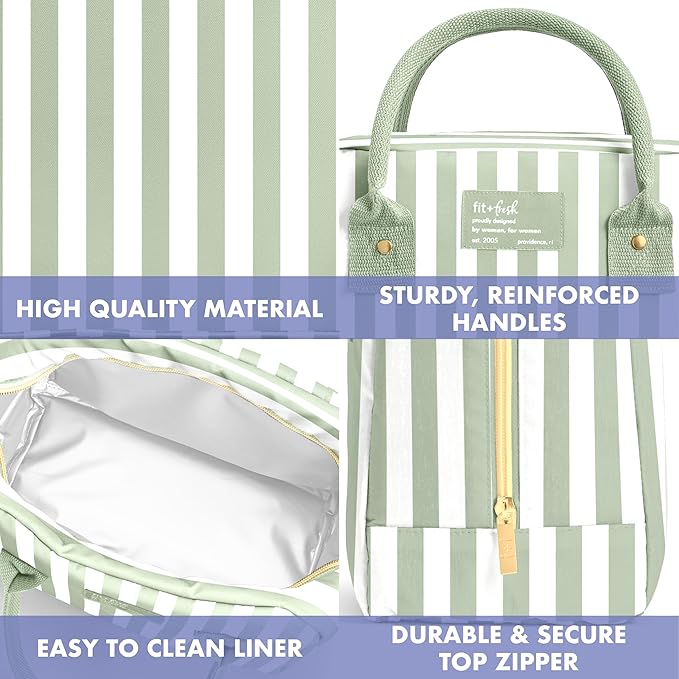 Fit & Fresh Bloomington Lunch Bag for Women - Insulated Large Lunch Box for Work with Containers, Leak-Resistant, Stain-Resistant, Zipper Closure, Thick Stripe Sage