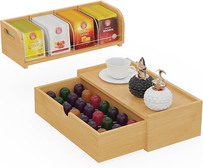 Bamboo Tea Organizer – Stackable Collection (1Tier w/Drawer）