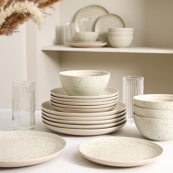Stone Lain Dua 16-Piece Dinnerware Set Stoneware, Borosilicate Glass, White