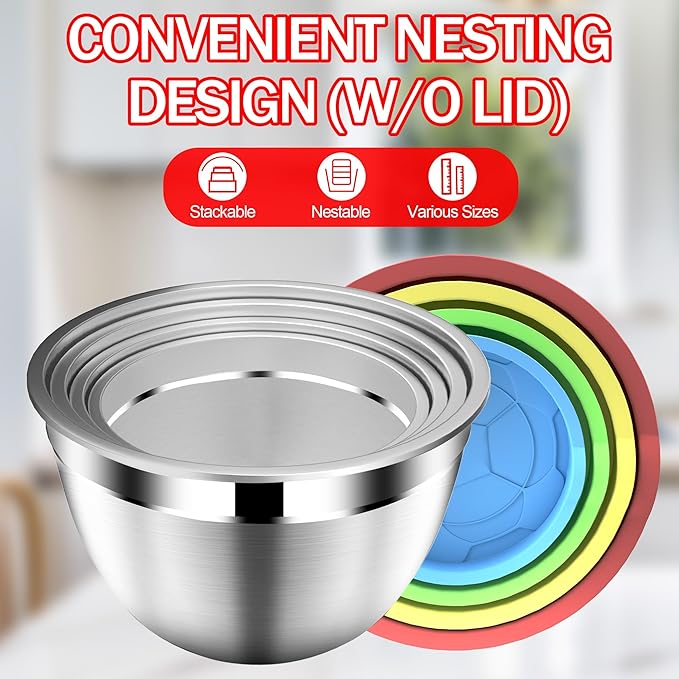 DUTZUN Mixing Bowls with Strainer, Mixing Bowl with Lids Set, Stainless Steel Mixing Bowls, Kitchen Gadgets Salad Bowls with Strainer for Mixing & Preping & Serving, Multicolor