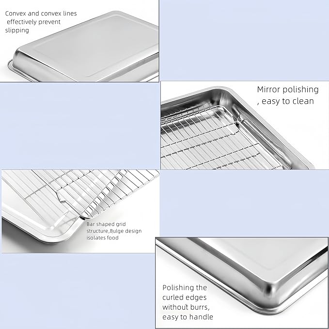 Roasting Pan Heavy Duty Stainless steel Turkey Pans for Oven,Toaster Oven Tray Pans with cooling rack,Hotel Pan, Barbeque Grill Pan,Deep Edge,Mirror treatment, Dishwasher Safe (12.4"x8.5"x2.8")