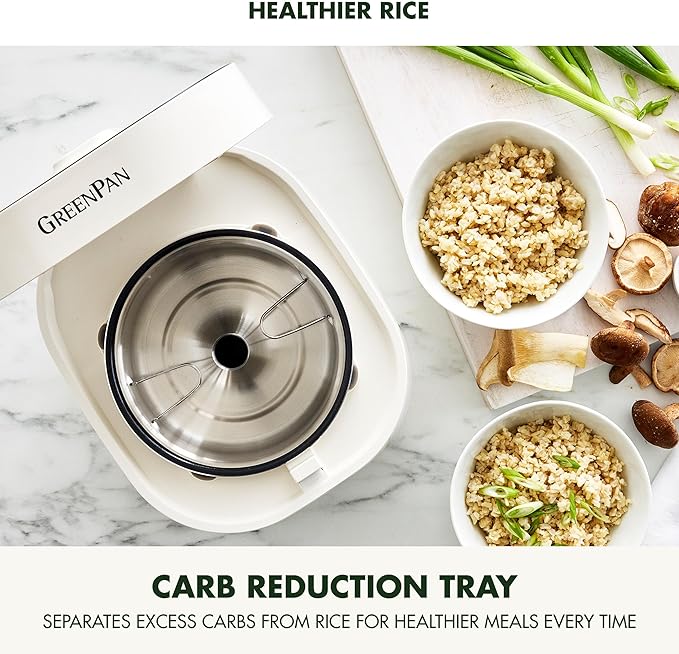GreenPan Carb Reducing Electric Rice Cooker, 4 Cups Uncooked/8 Cooked Rice, 10 Presets, LED Display, Healthier Meals, Delay Timer, PFAS-Free Ceramic Nonstick Removable Bowl, Cool Touch, Steam, Cream