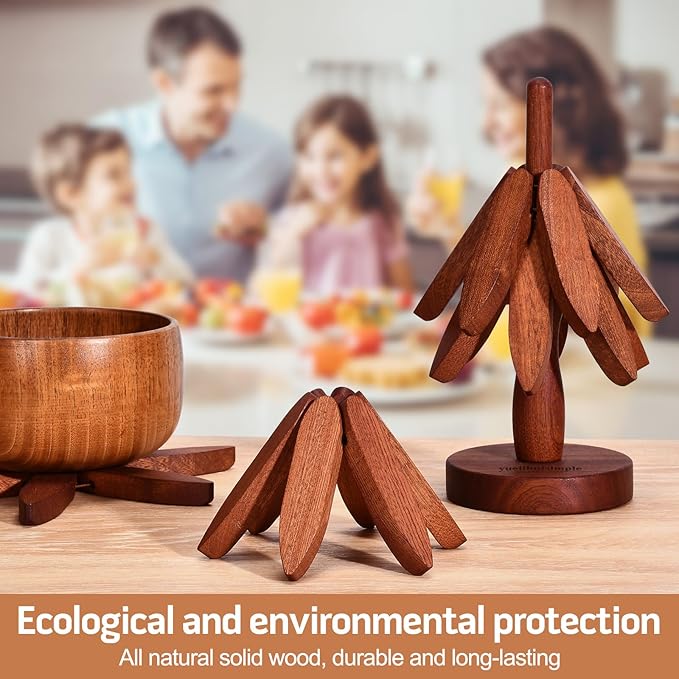 Trivets for Hot Dishes，Tree Shape Trivet Set,4 Wooden Trivets + 1 Stand， Heat-Resistant Foldable Wooden Tree Trivet Set for Pot、Bowl、Teapot、Hot Pot Holder