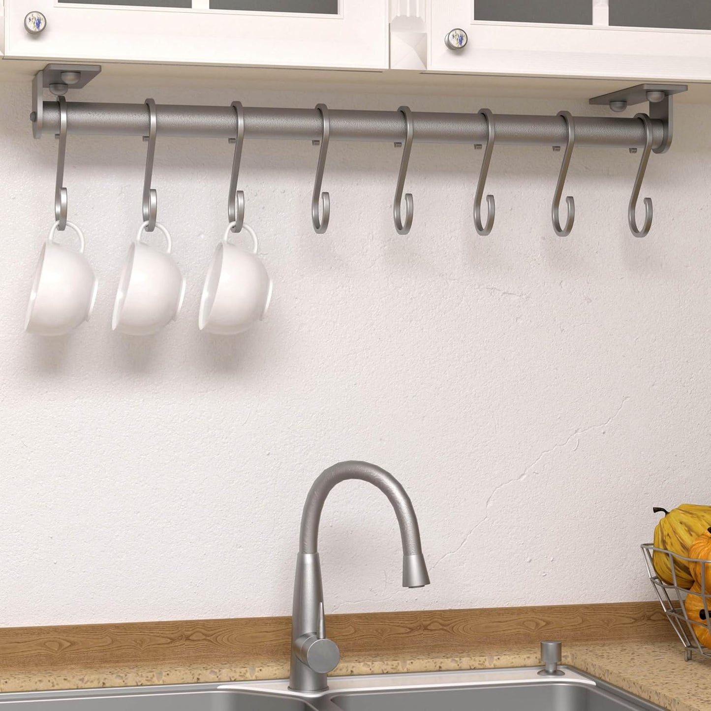 Dseap Kitchen Utensil Holder Hanger, Pot and Pan Rack Wall Mounted, Kitchen Rail with 8 Hooks for Hanging Cooking Utensils, Mugs, Spoons, Wall Mounted, Silver