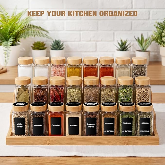 24 Pack Square Glass Spice Jars with Bamboo Lids, 4oz Spice Containers with Shaker Inserts and Labels, Airtight Seasoning Organizer for Spice Rack, Cabinet, Drawer - Grinder & Funnel Included