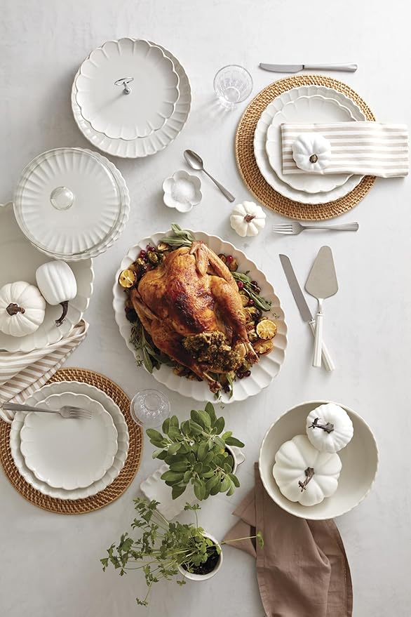 Lenox Serveware, Lenox French Perle Carved Turkey Platter, Scalloped, Oval, 18-Inch, Stoneware, Dishwasher Safe, Turkey Platter for Thanksgiving, Winter Hosting, Christmas Serving (White, 1 Piece)