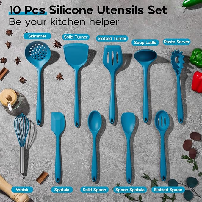 Onader Navy Blue Kitchen Utensils Set, Silicone Cooking Utensils Set of 10 with Turner Spoon Spatula Whisk Pasta Server, Dishwasher Safe