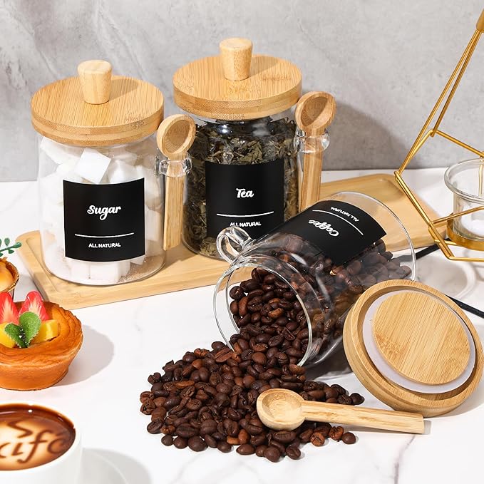 Suclain 3 Pcs Glass Coffee Container with Wooden Lid Spoon Shelf Labels Clear Airtight Jar Food Storage Canister Set for Sugar Spice Coffee Bean Holder Housewarming Gift(20 oz,Natural Bamboo)