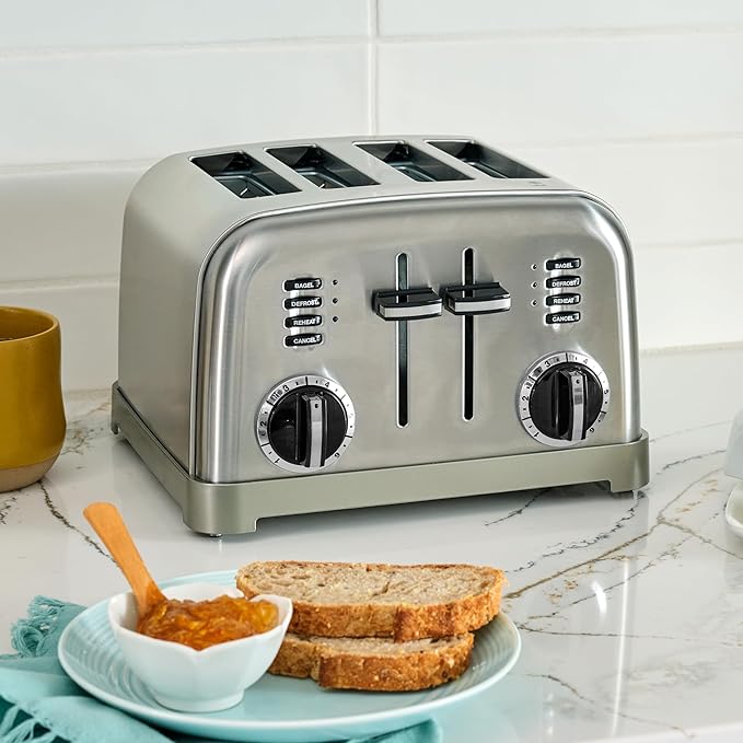 Cuisinart 4 Slice Compact Stainless Steel Toaster with Extra-Wide Slots for Bread, French Toast, Bagels & Pastries, Defrost & Reheat Functions, CPT-180P1, Brushed Stainless, Removable Crumb Tray