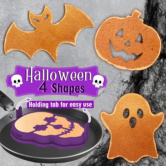 Kamehame Halloween Silicone Pancake Molds for Skull, Ghost, Bat and Pumpkin Shape Pancakes, 4 Pack Nonstick Pancake Shaper for kids, Fun Halloween Cake Ring Mold for Griddle Cooking