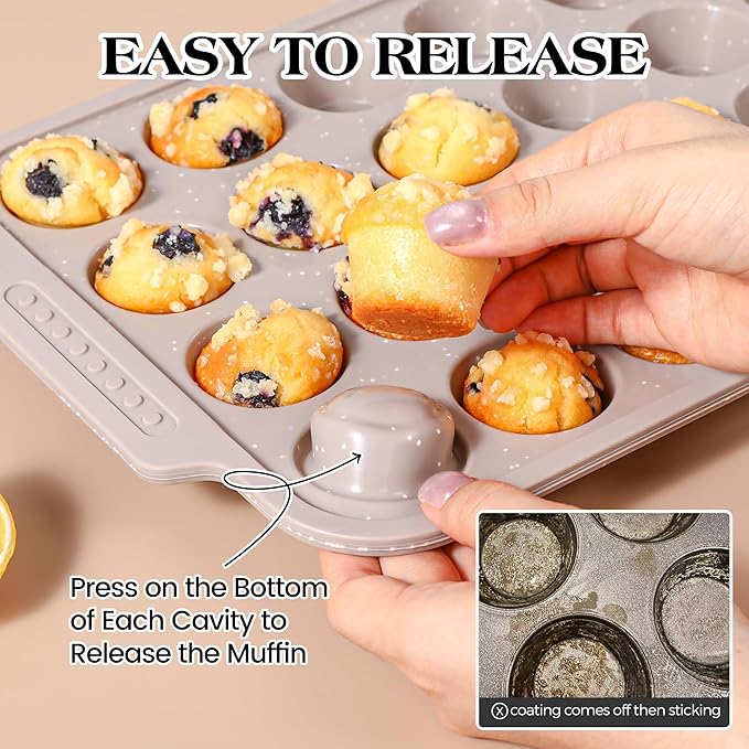 1 Pc Silicone Muffin Pans for Baking with Metal Reinforced Frame, Nonstick Cupcake Tray for Oven, 24 Cups Mini Size Silicone Molds for Egg Bites, Dishwasher Safe (Brown)