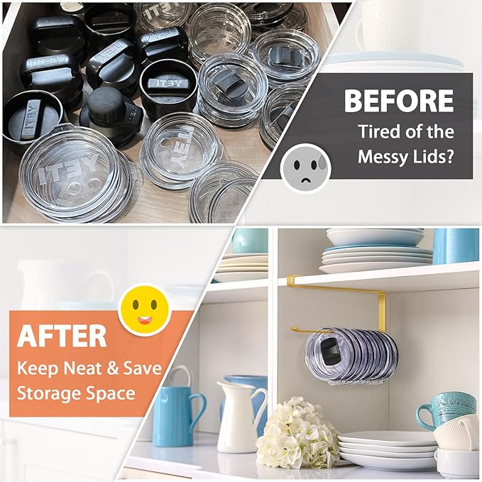 Tumbler Lid Organizer, Horizontal Tumbler Lid Storage Hook Up to 10 Lids, Space Saving Cup Lid Holders Under Cabinet Tumbler Lid Hook for Kitchen Organizer and Storage, Paper Towel Rack Hanger (Gold)