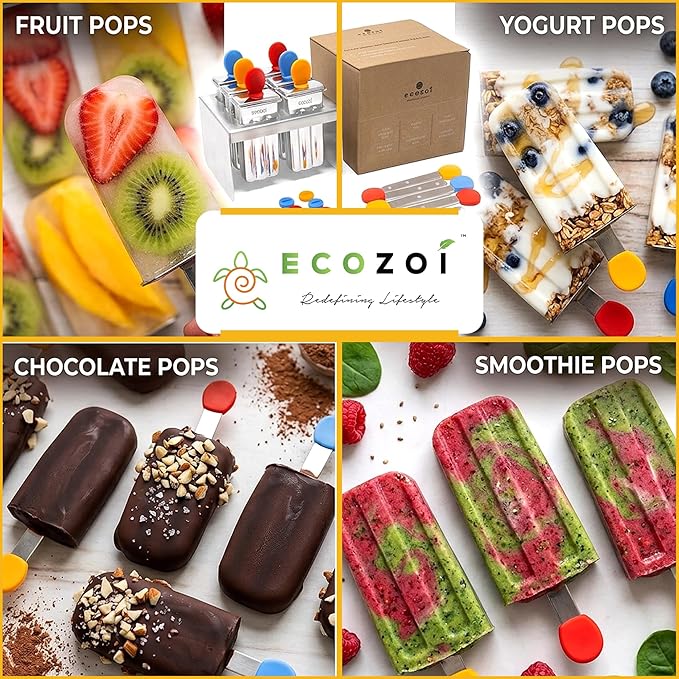 Ecozoi Stainless Steel Popsicle Molds, 6 Mini Popsicle Makers, 6 Reusable Stainless Steel Sticks, 12 Silicone Seals and 1 Rack, Eco Popsicle Molds for Kids and Adults, 2 oz Per Mold (Square)