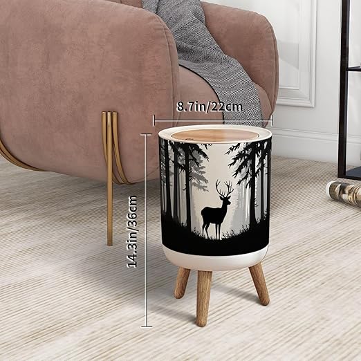 Trash Can with Lid Deer antlers posing forest silhouettes trees Magical misty landscape Press Top Round Small Garbage Bin with Wooden Legs Waste Basket for Kitchen Bedroom Nursery 7L/1.8 Gallon