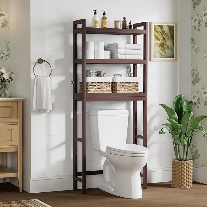 Smiry Over The Toilet Storage Cabinet, 3-Tier Bamboo Bathroom Organizers with Adjustable Shelf & 4 Hooks, Space Saving Shelf Rack for Bathrooms, Laundry Room, Balcony, Brown