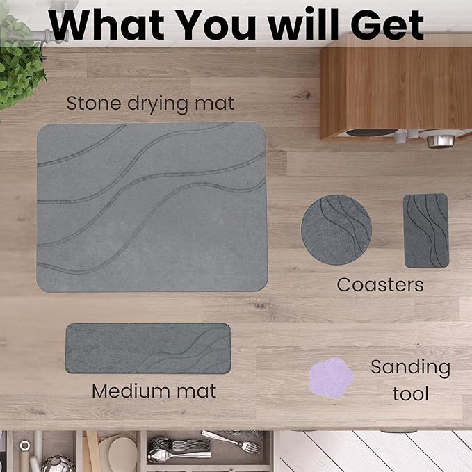 Stone Dish Drying Mat For Kitchen Counter With Diatomite Sink Tray Set - Quick Dry, Fast Water Abosrbing, Diatomaceous Earth - Multi-Purpose Stone Drying Mat For Dishes, Cups, Bottles - (15" x 15")