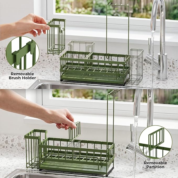 Sponge Holder for Kitchen Sink – Rustproof Stainless Steel with Detachable Drainboard, Brush Rack & Towel Bar | Compact, Non-Slip Design for Countertop Bathroom