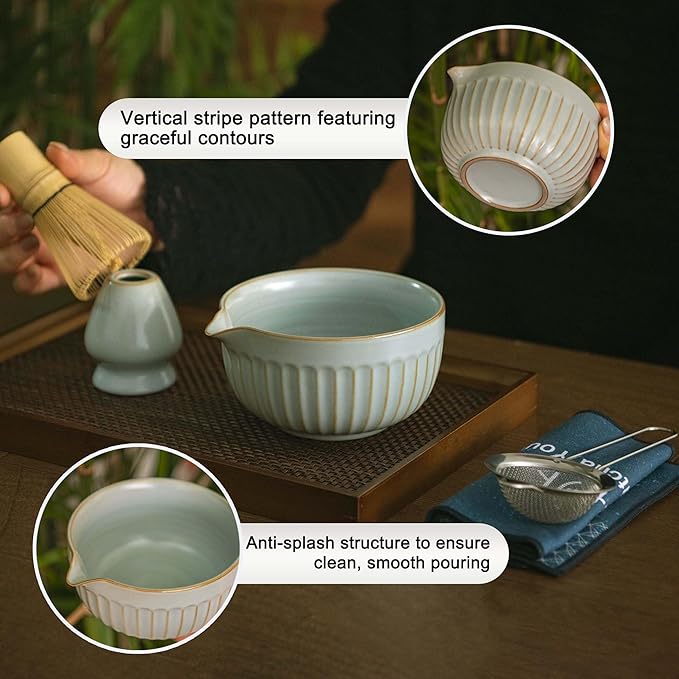Matcha Whisk Set, Japanese Tea Ceremony Kit, 18oz Spout Bowl, Bamboo Whisk Scoop, Ceramic Holder Sifter Towel,7 pcs Matcha Tea Kit for Matcha Lovers, Christmas, Birthday Gift(Sky Blue)