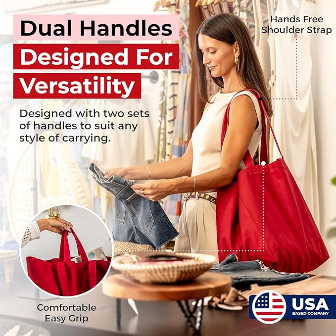 VeraMia Canvas Grocery Bag 3pc XL Set with Real Pockets, Long Shoulder Strap and Short Handle. Heavy Duty, Foldable, Washable
