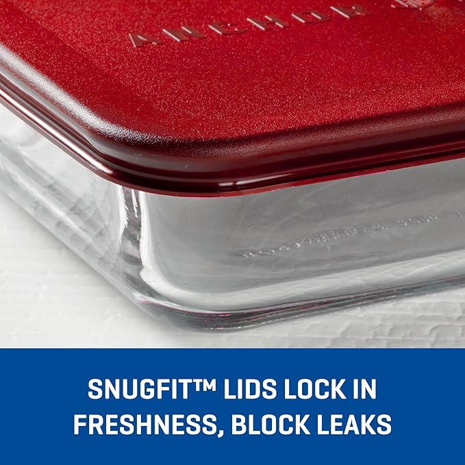 Anchor Hocking SnugFitTM Rectangular Food Storage Containers with Lids (4-Piece, 6-cup, Red, oven-safe)