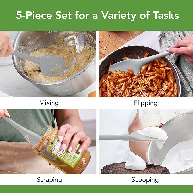 Tovolo Flex Core 5 Piece Silicone Spatula Set Heat Resistant All Silicone Utensils Include Non Stick Spatula Spoonula Jar Scraper, Dishwasher Safe BPA Free Spatulas for Baking Mixing, Oyster Gray