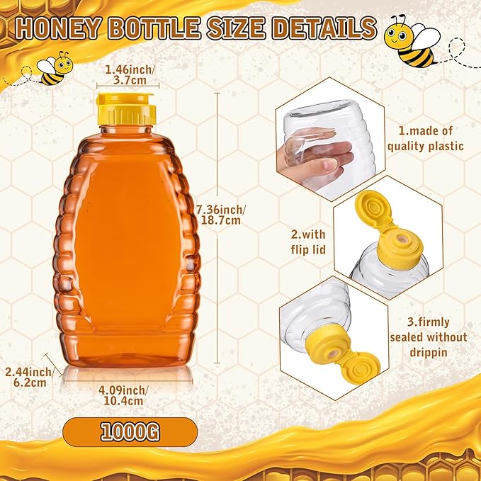 Layhit 20 Pieces 32 oz Plastic Honey Jars Clear Plastic Honey Bottles with Lids Container Dispenser with Flip Lid Empty Squeeze Bottle for Easy Storing and Dispensing(Classic)