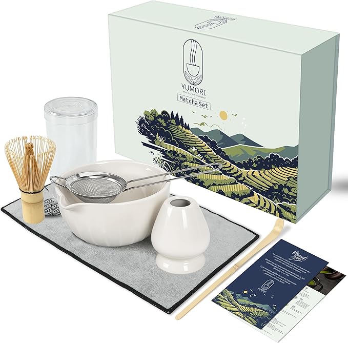 6 Pcs Matcha Whisk Set | Matcha kit with White Bowl, Bamboo Whisk, Scoop, Sifter, Holder for whisk & Cleaning Cloth, Traditional Matcha Set in Magnetic Gift Box