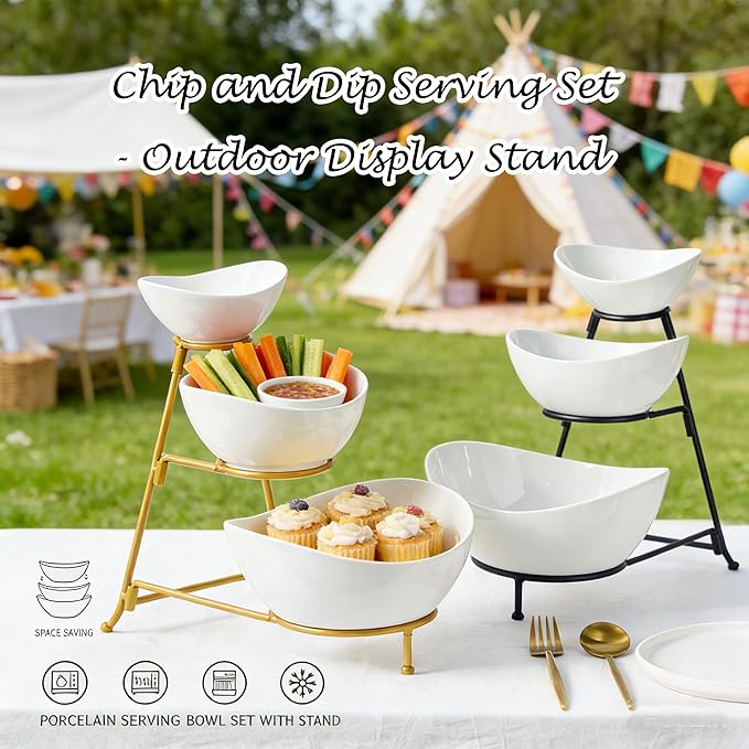 Gomakren 3 Tiered Oval Serving Bowl with Collapsible Metal Rack, Chip and Dip Serving Set, Dessert Appetizer Bowl Set (45oz / 17.5oz / 7oz), White Serving Bowls For Entertaining (Gold Stand)