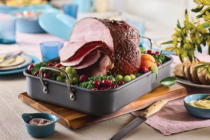 Rachael Ray Brights Hard Anodized Nonstick Roaster / Roasting Pan with Rack - 16 Inch x 12 Inch, Gray
