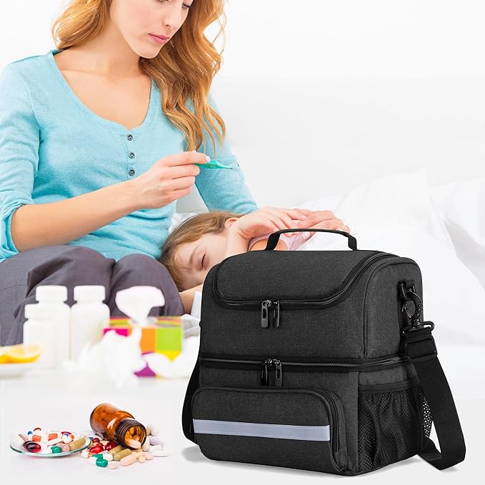 CURMIO Medicine Storage Bag, Double Layers Pill Bottle Organizer with Inner Dividers for Medication, Vitamins, Prescription Bottles, Medical Supplies, Black (Patent Design)